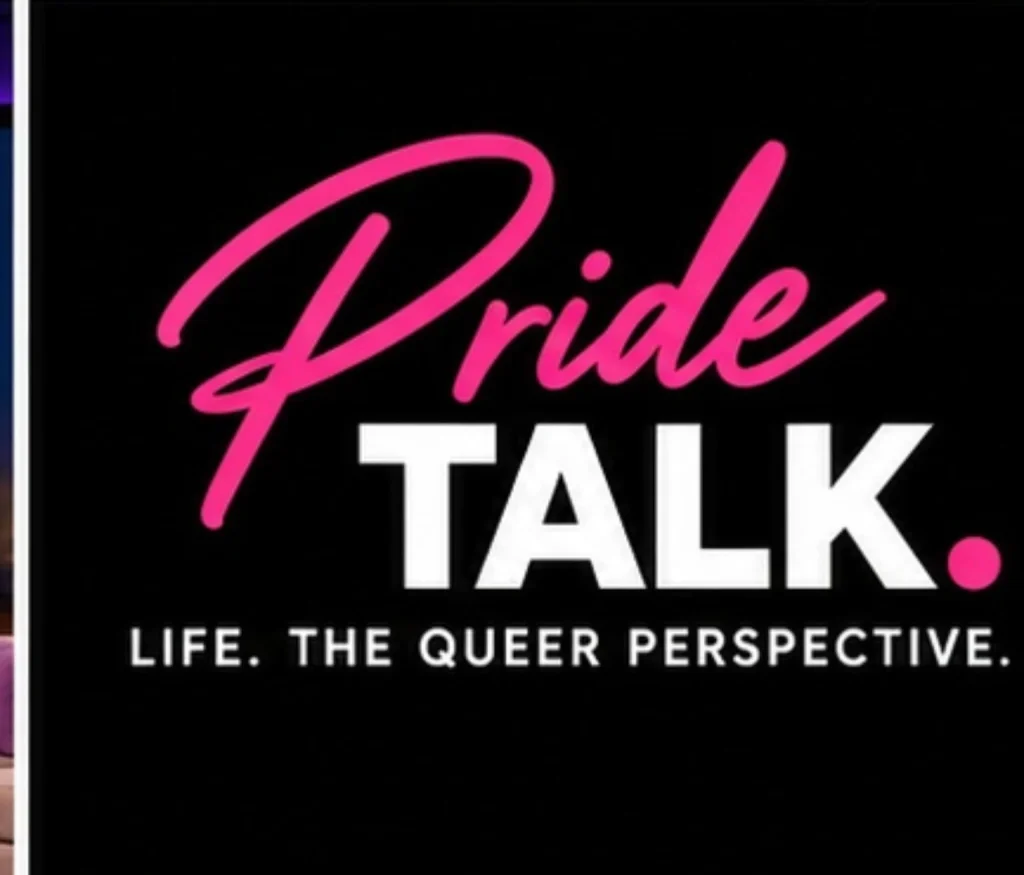 PRIDE TALK logo in pink and white, with the words Life. The Queer Perspective.