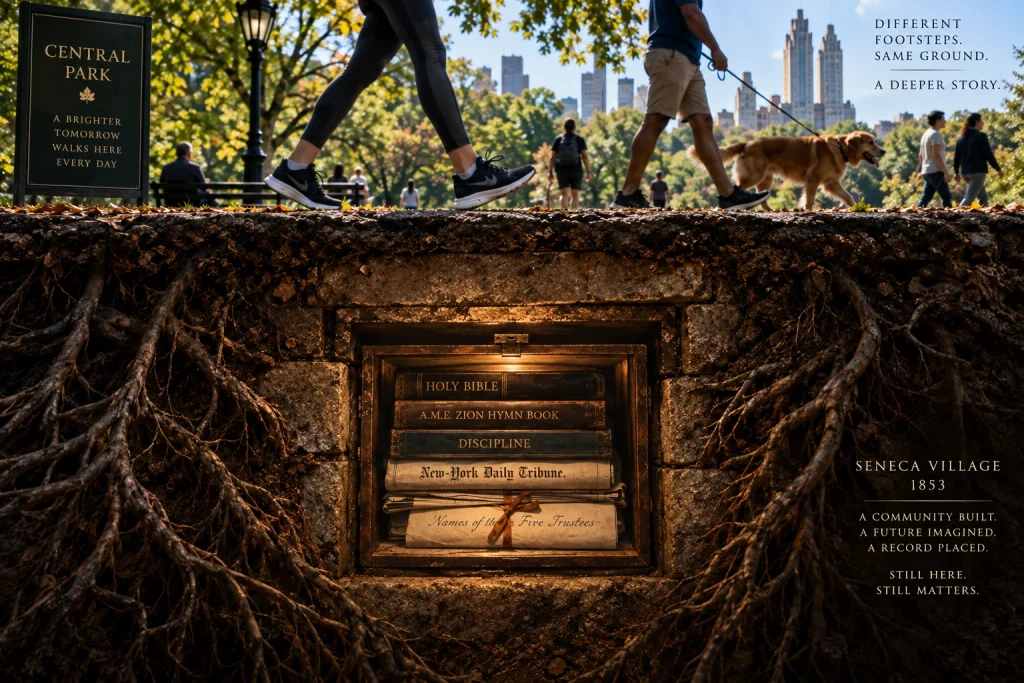 SENECA VILLAGE: modern Central Park above an imagined buried church cornerstone box.