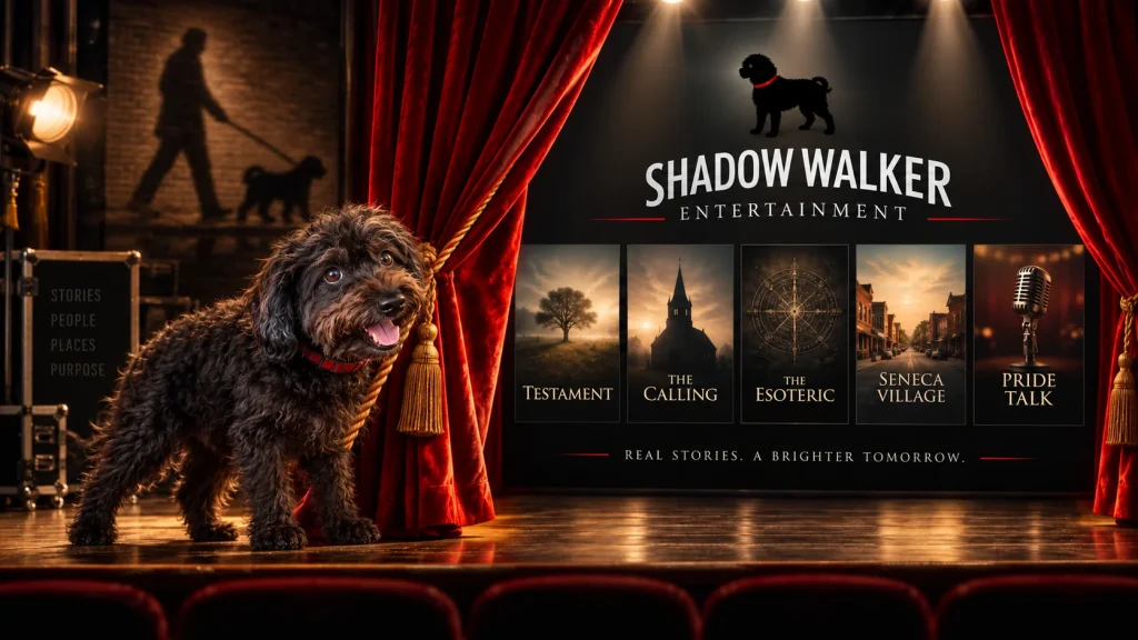 Shadow, a curly black dog wearing a red collar, beside red theater curtains and the Shadow Walker Entertainment project display.