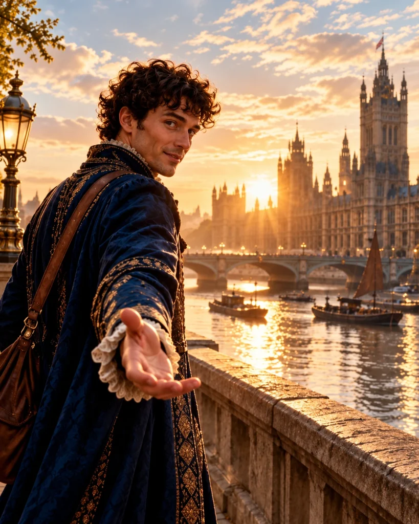 TESTAMENT: a courtier extends his hand beside the Thames at sunset.