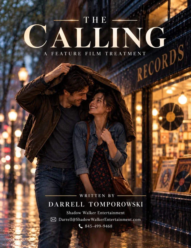THE CALLING: a couple share a jacket in the rain outside a record store. Written by Darrell Tomporowski.