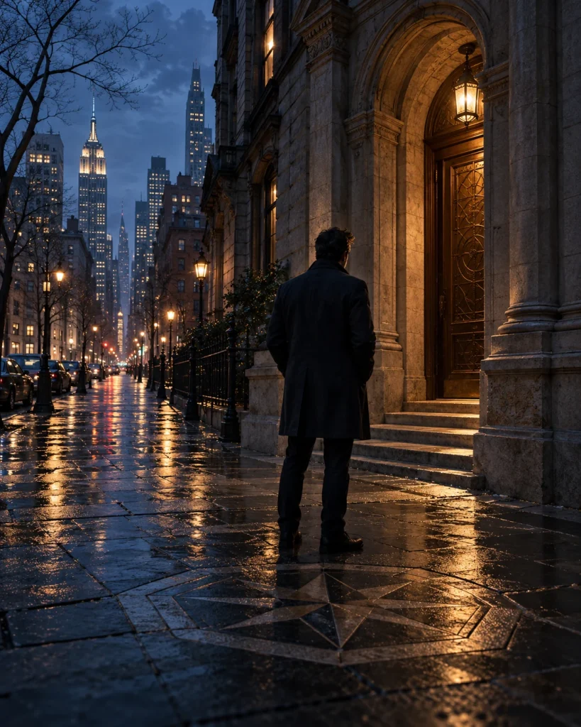 THE ESOTERIC: a detective studies a mysterious doorway on a rain-lit Manhattan street.